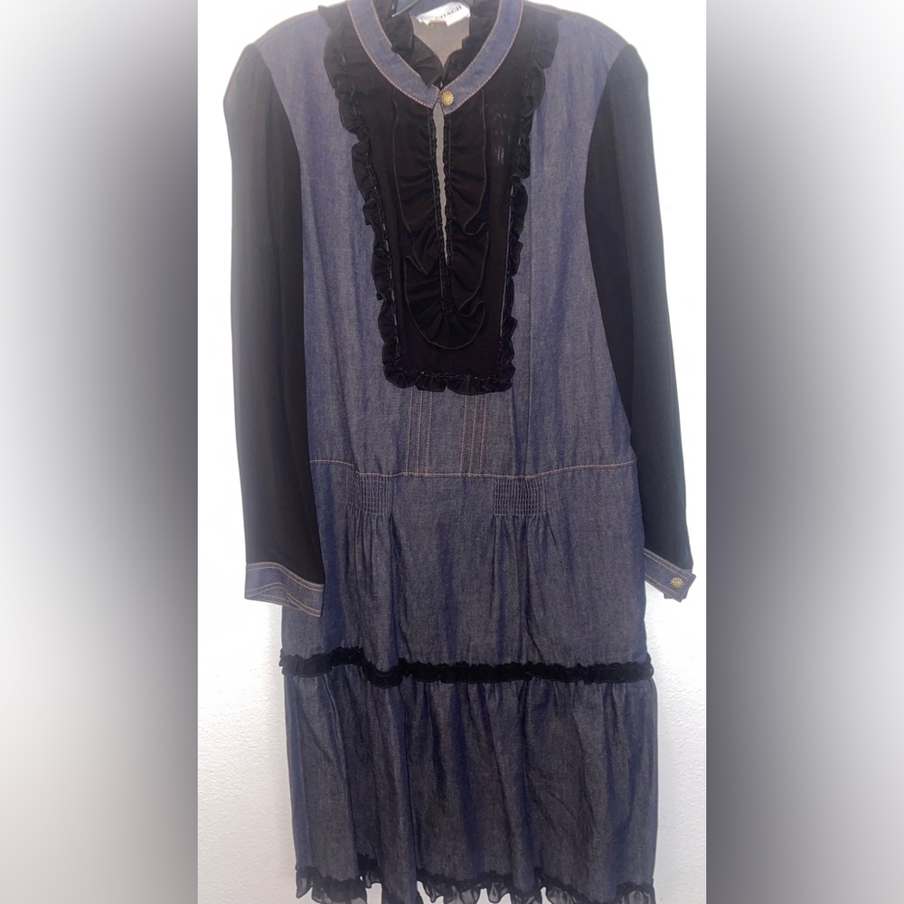 Chic Black and Blue Long Sleeve Denim A line Western Dress - Picture 4 of 8